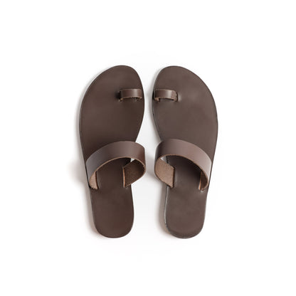 Top view of flat sandals brown against a white background.