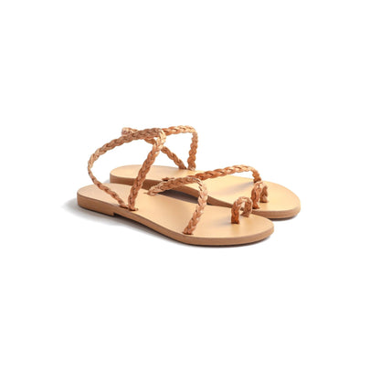 Pair of tan sandals for women flat against a white background. They are flat sandals with back strap. These flat sandals tan are the perfect flat sandals to wear with dresses.